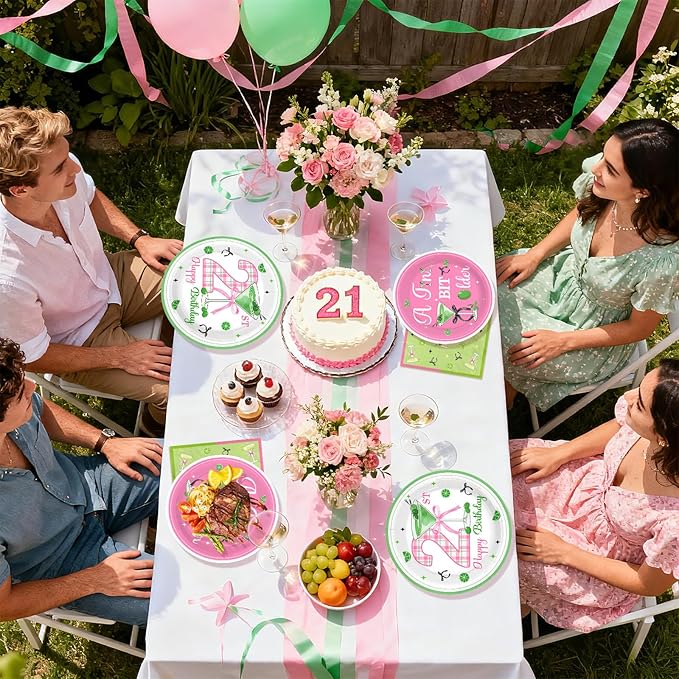 96Pcs Matini 21st Birthday Party Decorations A Tini Bit Older Plates and Napkins Tableware Sets Pink Green Decorations for 21 Years Old Women Girls Birthday Martini Party Supplies Serves 24