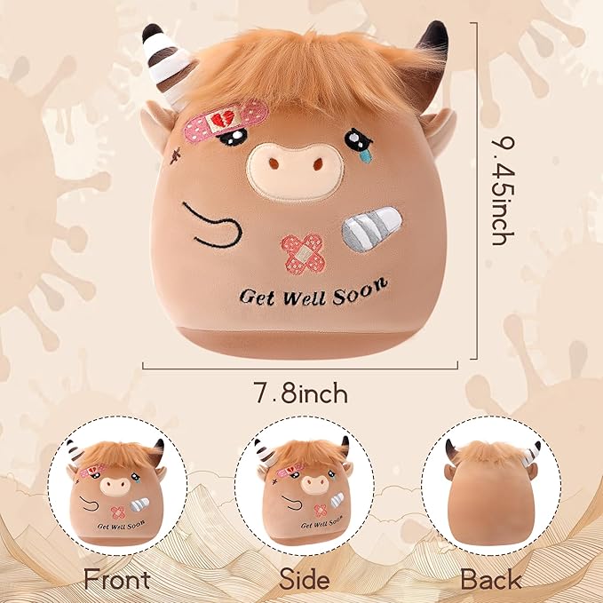 Get Well Highland Cow Plush - Adorable Cow Stuffed Animal Toy for All Ages, Perfect Get Well Gift for Kids, 9.45 Inch