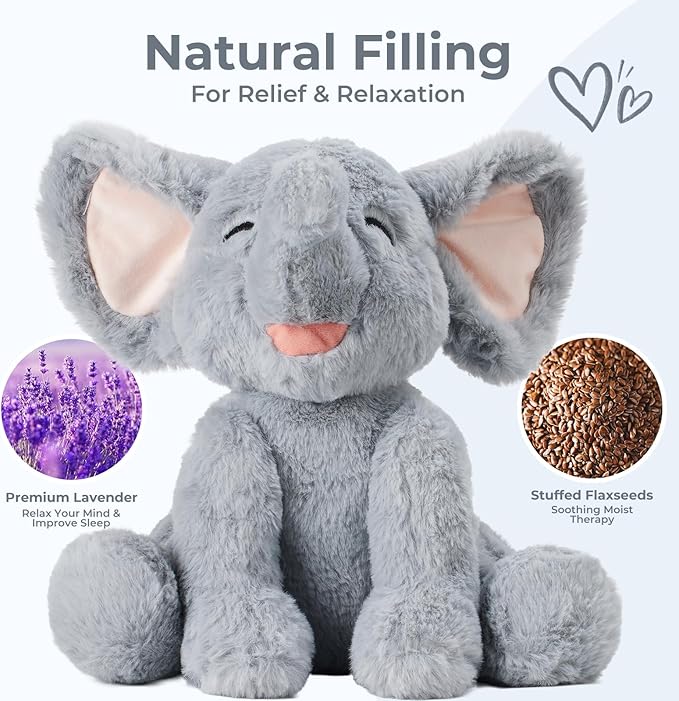 Elephant Microwavable Weighted Stuffed Animals with Lavender Scent,Heating Pad Plush for Period Cramps&Pain, Heatable&Coolable Stuffed Elephant Animals Toy Gifts for Girls Women Kids