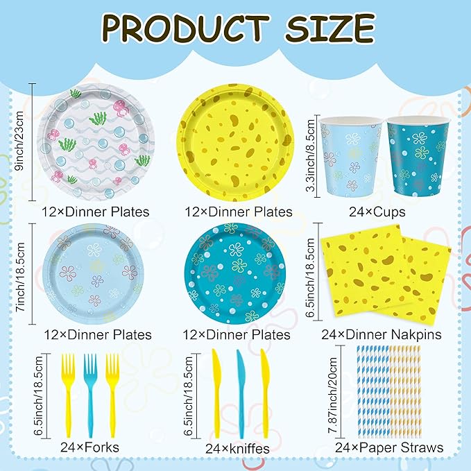 168PCS Cartoon Ocean Party Supplies for Girls Boys Kids Yellow Undersea Happy Birthday Party Decorations Dinnerware Set Napkin Cups Forks Knives Straw for 24 Guests
