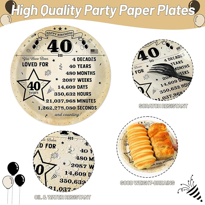 CHUNNIN 50pcs 40th Birthday Plates and Napkins 40 Year Old Birthday Party Decorations Vintage Back in 1986 Dessert Plates Vintage 1986 40th Theme Disposable Tableware Set for Men Women Party Supplies