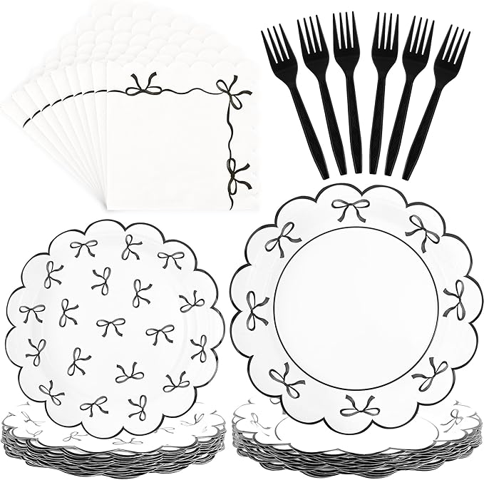 CANREVEL 96 PCS Black Bow Party Plates Serve 24, Bow Plates and Napkins Forks Set, Disposable Tableware for Bow Birthday Supplies Black Party Decorations for Grils Kids Women