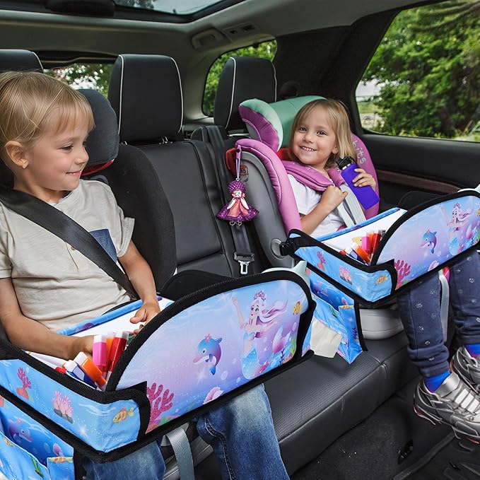 Kids Travel Tray for Car Seat, Road Trip Essentials for Toddler, Carseat Lap Tray with Dry Erase Board & Storage Organizer for Activities, Bluish Violet