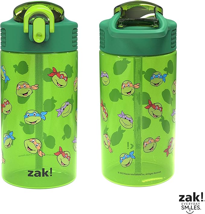 Zak Designs Teenage Mutant Ninja Turtles Kids Water Bottle For School or Travel, 16oz 2-Pack Durable Plastic Water Bottle With Straw, Handle, and Leak-Proof, Pop-Up Spout Cover (TMNT)