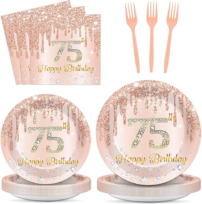 96 Pcs Rose Gold 75th Birthday Party Plates and Napkins for Girls Rose Gold Party Supplies Pink Happy 75 Years Birthday Party Tableware Set for 24 Guests Party Decorations