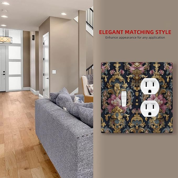 Decorative Outlet Covers Rococo Pink Floral Flower Gold Leaf 2 Gang Light Switch Cover Plate Single Toggle Duplex Wall Plates for Electrical Outlets Switch Plate Covers for Home Decor