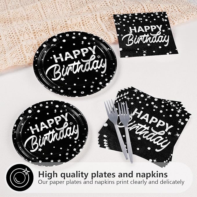 Grencian 96Pcs Black and Silver Birthday Party Decorations Silver Polka Dots on Black Paper Plates and Napkins Disposable Tableware for Women Men Birthday Party Graduation Decorations 2026 Serve 24