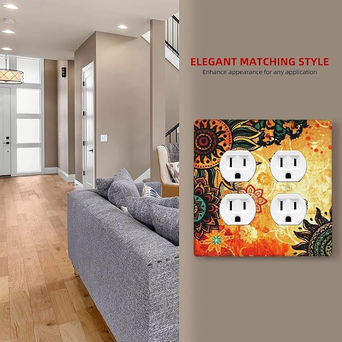 Art Red Boho Flower 2 Gang Double Duplex Combo Dual Device Outlet Cover, Burnt Orange Bohemian Flowered Mandala Floral Sunflower Two Gang Combination Receptacle Wall Plate Outlet Light Switch Covers