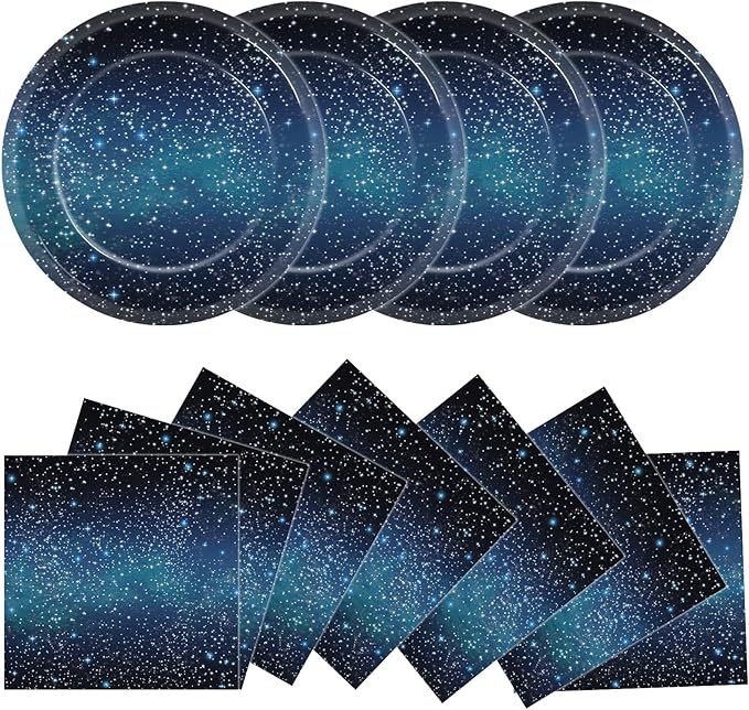 48Pcs Starry Night Starry Sky Galaxy Paper Plates and Napkins Solar System Party Decorations Ramadan Birthday Party Supplies Outer Space Disposable Tableware for Baby Shower Boys Girls Serves 24