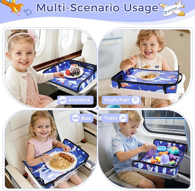 COOLBEBE Airplane Tray Table Cover Foldable Travel Tray Cover for Toddlers 1-3 Universal Fit for Airplane, Car Seat, High Chair Machine Washable, Portable Blue Plane