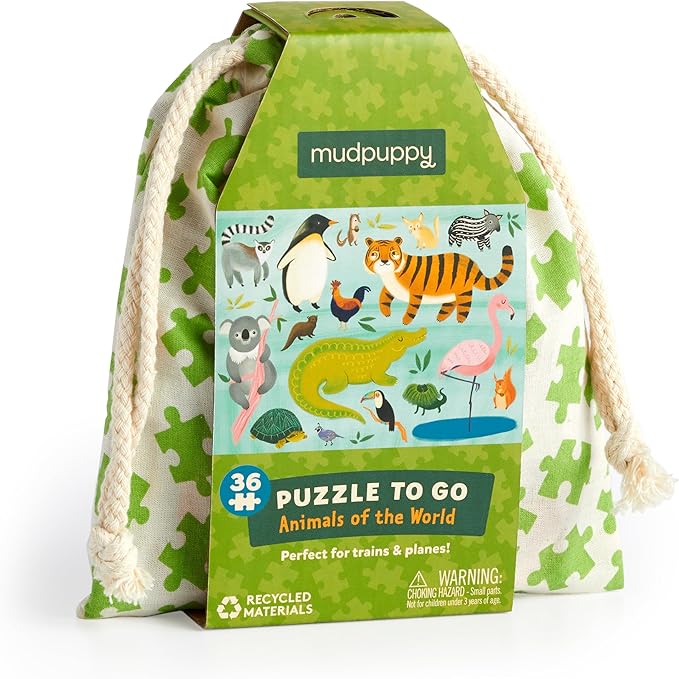 Mudpuppy Animals of The World to Go Puzzle, 36 Pieces – Great for Kids Ages 3+ - Perfect for Travel, Easy Clean-Up, Packaged in Secure, Reusable Fabric Bag