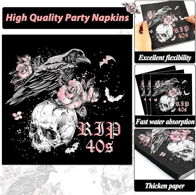 Qyeahkj 100 Pcs 50th Birthday Party Supplies Death to My 40s Paper Plates and Napkins Set Black Rose Gold Rip to My 40s Disposable Tableware Decorations for Women Forties Funeral Youth Serve 25 Guests