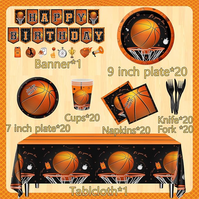 CMUSKO Basketball Party Supplies, 142Pcs Basketball Sports Theme Birthday Party Supplies Tableware Set,Include Basketball Plates and Napkins,Cups,Banner,Tablecloth for Basketball Birthday Decorations
