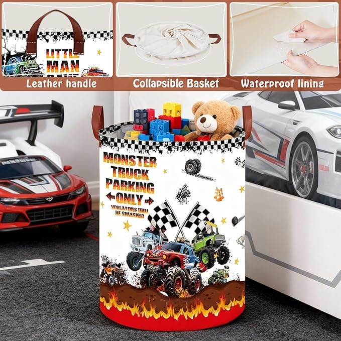 Monster Trucks Storage Basket Laundry Hamper with Monster Truck Parking Sign,Car Room Decor for Boys,Kids Laundry Basket Gift Bag Storage Organizer(Monster Trucks-Flag)