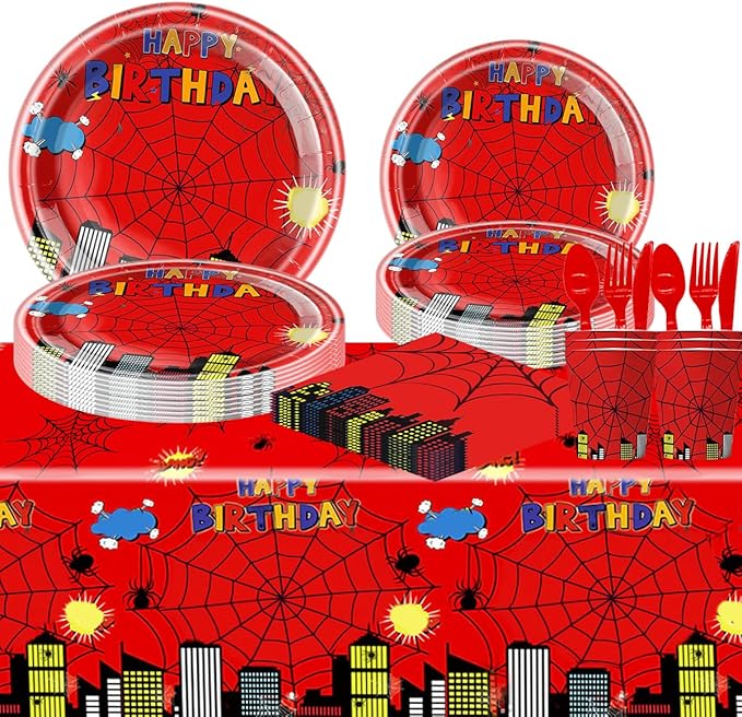 81Pcs Cartoon Spider Birthday Party Supplies,Red Spider Set Tableware Plates Napkins Cups Knives Spoons Forks