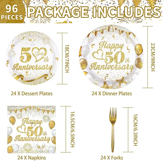 Grencian 96pcs 50th Wedding Anniversary Decorations Golden 50th Anniversary Party Plates and napkins White and Gold Paper Tableware Set Party Supplies Party Favors for Men Women Parents, Serve 24