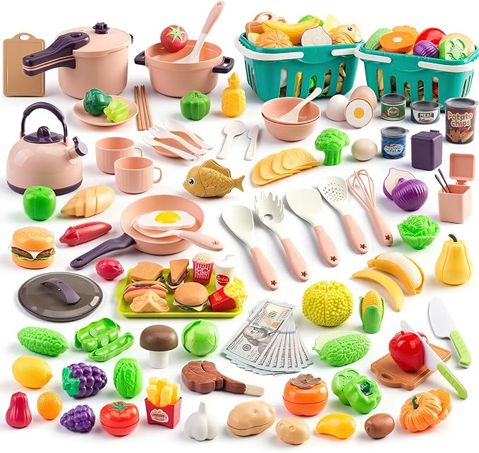 200Pcs Mini Play Kitchen Accessories for Kids, Pretend Cooking Playset with Cookware, Tableware & 2 Fruit Sets, Learning Gift for Girls, Boys, Toddlers, Pink
