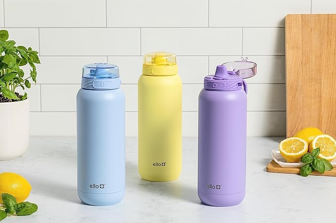 Ello Cooper 32z Stainless Steel Water Bottle with Straw and Carry Handle, Double Walled and Vacuum Insulated Metal, Leak Proof Locking Lid with Soft Silicone Spout, Reusable, BPA Free, Lemonade