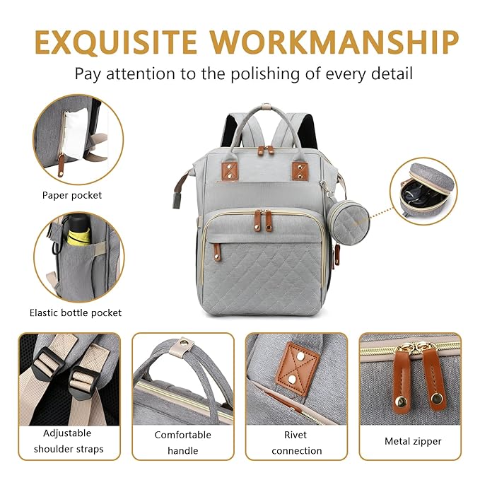 GurZinn Baby Diaper Bag Backpack with Changing Station Travel Waterproof 3 in 1 Foldable Pad Unisex Grey