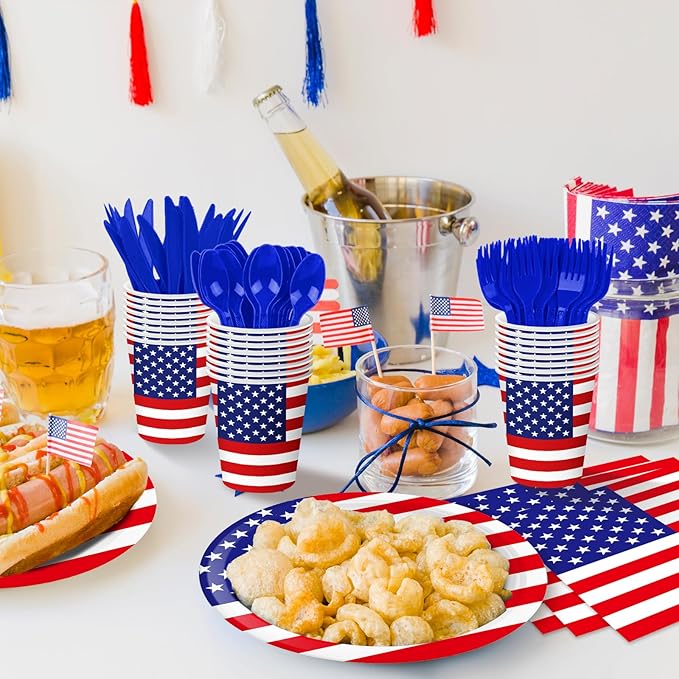 175 Pcs USA Flag Tableware Set - Serves 25, Patriotic American Flag Disposable Plates, Cups, Napkins, Forks, Spoons, Knives for 4th of July, Memorial Day, Veterans Day, Independence Day Party Supplies