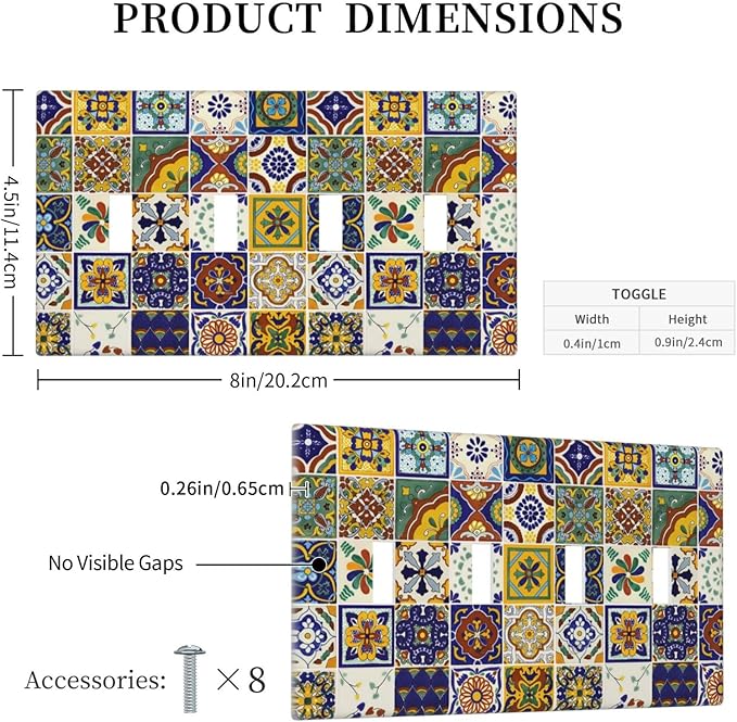 Yellow Mexican Moroccan Sun Tile Decorative 4 Gang Quad Toggle Light Switch Cover Electric Large Size Quadruple Faceplate Decorative Switch Face Wallplate