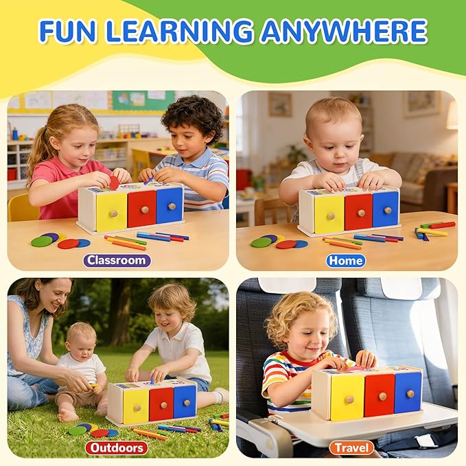 Toddler Montessori Toys, 3-in-1 Wooden Color & Shape Sorting Learning Matching Box Toy for Baby Toddlers 1 2 3 Year Old