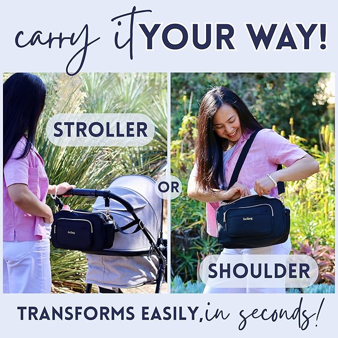 Universal Stroller Caddy with Cup Holder, Waterproof Small Diaper Bag, Stroller Organizer with Shoulder Straps, Baby Travel Bag with Wipes Pocket