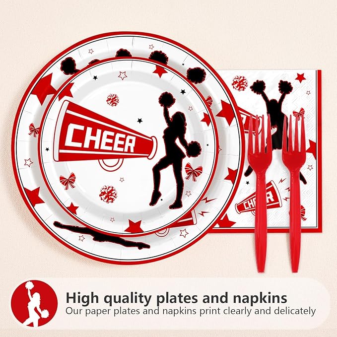96Pcs Cheer Party Decorations Cheerleader and Loudspeaker Plates and Napkins Red Black White Sports Gymnastics Tableware Set for Girls' Cheer Birthday Ceremony Graduation Party Supplies Serves 24