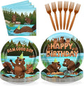 96Pcs Beaver Birthday Party Supplies Cute Cartoon Beaver Plates and Napkins Brown Wild Animal Disposable Tableware Sets for Kids Baby Shower Birthday Castor Jungle Animal Party Decorations, Serves 24