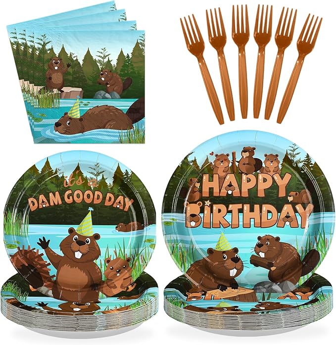 96Pcs Beaver Birthday Party Supplies Cute Cartoon Beaver Plates and Napkins Brown Wild Animal Disposable Tableware Sets for Kids Baby Shower Birthday Castor Jungle Animal Party Decorations, Serves 24