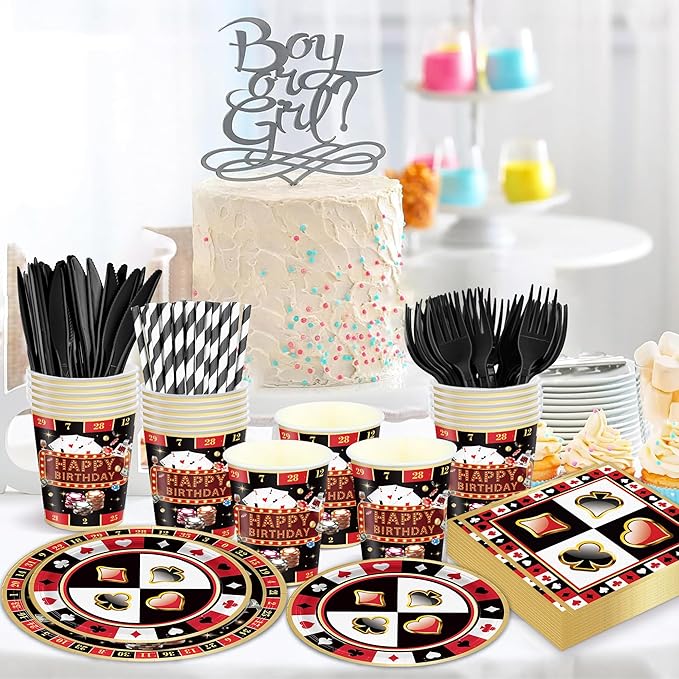 168PCS Casino Party Supplies for Girls Boys Kids Las Vegas Themed Happy Birthday Party Decorations Poker Paper Plates Napkin Cups Forks Knives Straw Tableware for 24 Guests