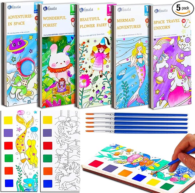 JUNQIU 5Pack Water Color Paint Sets for Kids, Paint With Water Books for Kids Ages 4-8, Pocket Watercolor Painting Book, Arts and Crafts Kit Easter Basket Stuffers For Girls Boys