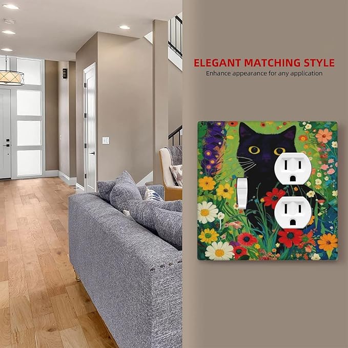 Decorative Art Light Switch Covers BlackCat&Flowers 2 Gang Single Toggle Duplex Combination Electrical Faceplate Switchplate Wall Plate for Home Decor