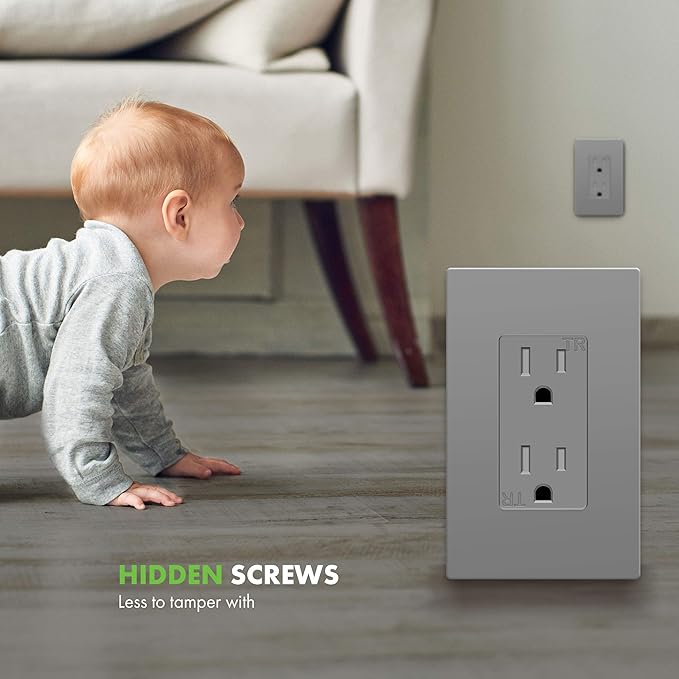 ENERLITES Grey Screwless Decorator Wall Plate Child Safe Outlet, Size 1-Gang 4.68" H x 2.93" L Switch Cover, Unbreakable Polycarbonate Thermoplastic, SI8831-GY, Glossy, Gray