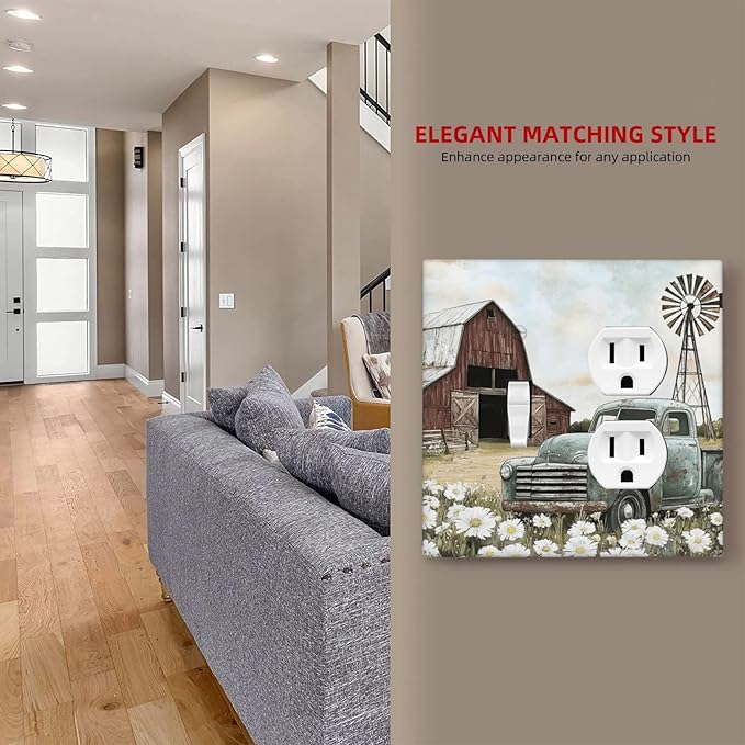 Retro Trucks Old Barn Windmill Teal Car Rustic Wallplates 1 Toggle 1 Duplex Switch Plate Electrical GFCI Faceplate Decorative Light Switch Covers for Farmhouse Home Decor