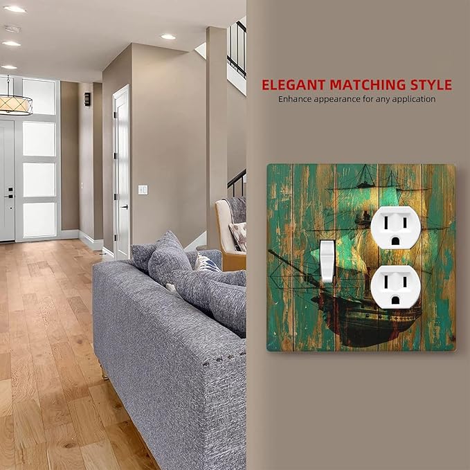 Wallplates Rustic Green Wood Grain Sailboat 1 Toggle 1 Duplex Switch Plate Electrical GFCI Faceplate Decorative Light Switch Covers for Farmhouse Bedroom Decor