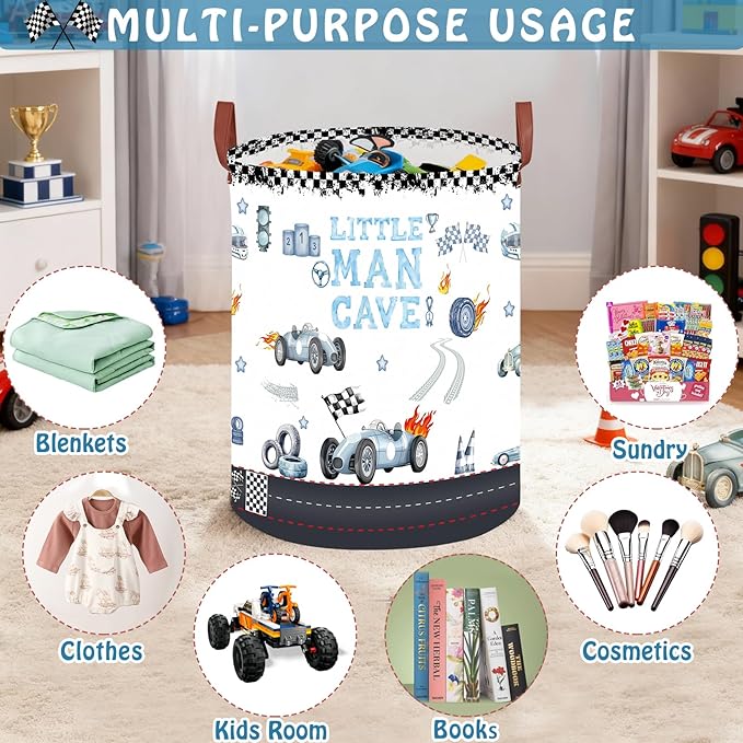 Car Themed Room Decor Laundry Basket, Kids Vintage Car Nursery Hamper,Tire Toy Box for Boys,Collapsible Clothes Book Organizer Bin for Baby,Christmas Gift(Vintage Blue,Round)