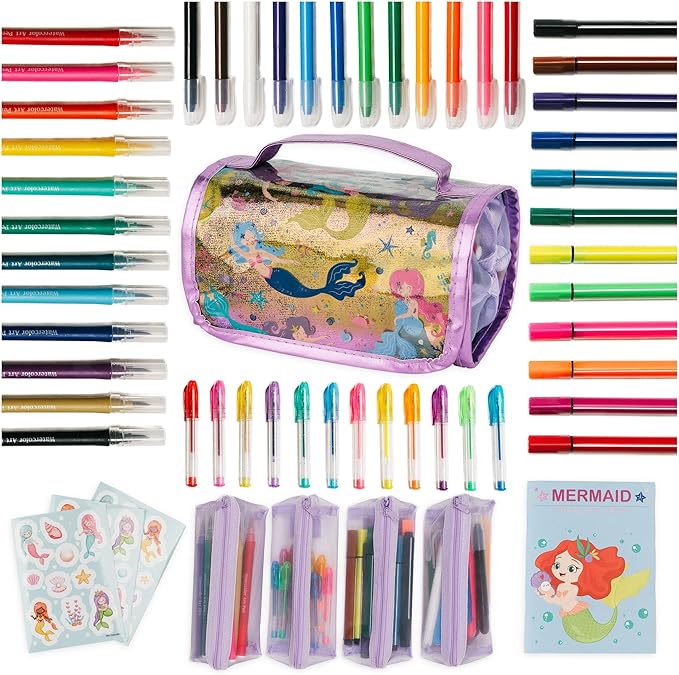 PapaKit Creative Art Coloring Set (Mermaid), Includes Travel Bag, Assorted Washable Marker Set, Glitter Pens & Coloring Pages, Art Supplies Great Gift