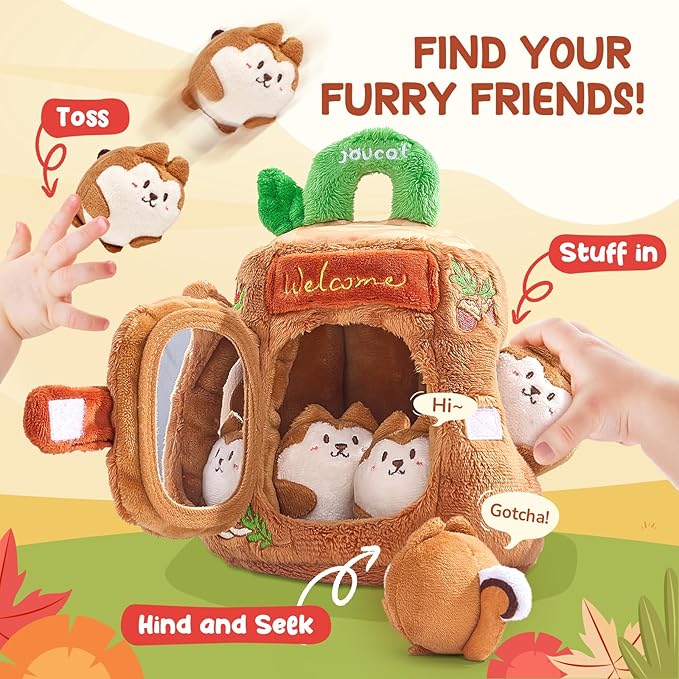 JoyCat Baby Toys 6-12 Months - Soft Baby Treehouse with 5 Sensory Squirrels - Rattle, Crinkle Paper, Squeaker, Mirror, Busy Montessori Soft Toys for Toddlers 0-3 Years Old - Easter Basket Stuffers