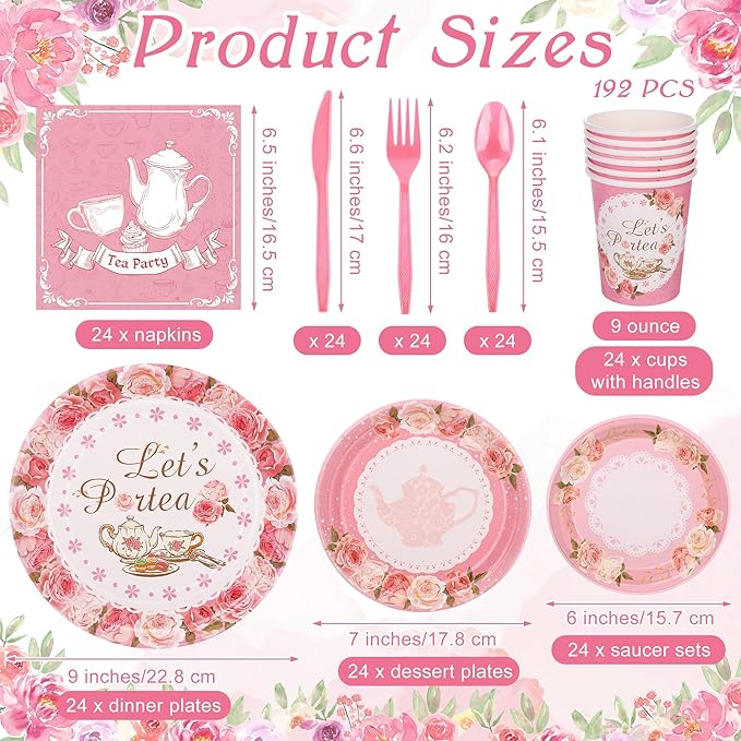 Kochorie 192 Pcs Tea Party Tableware Sets Disposable Let's Partea Party Supplies Plates Cups Napkins Cutlery Serves 24 with Teacups and Saucers Sets for Birthday Wedding Baby Shower Party Decorations