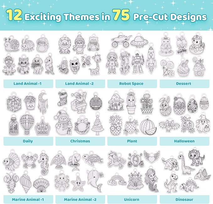 Funtopia Shrinking Art Sheets Kits for Kids, 75 Pre-Cut Shrink Paper Craft Keychain Making Kit, 12 Themes DIY Shrink Art Plastic Sheets with Charms and Keychains Accessories