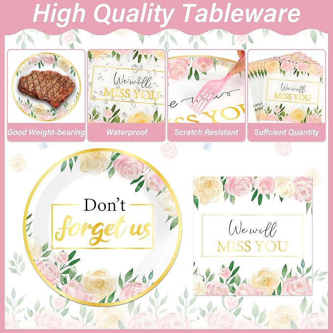 Floral Farewell Party Supplies Serves 24 We Will Miss You Paper Plates Napkins Retirement Decor Don't Forget Us Theme Tablecloth Set Tableware Kit for Goodbye Office Good Luck Going Away Party Favor