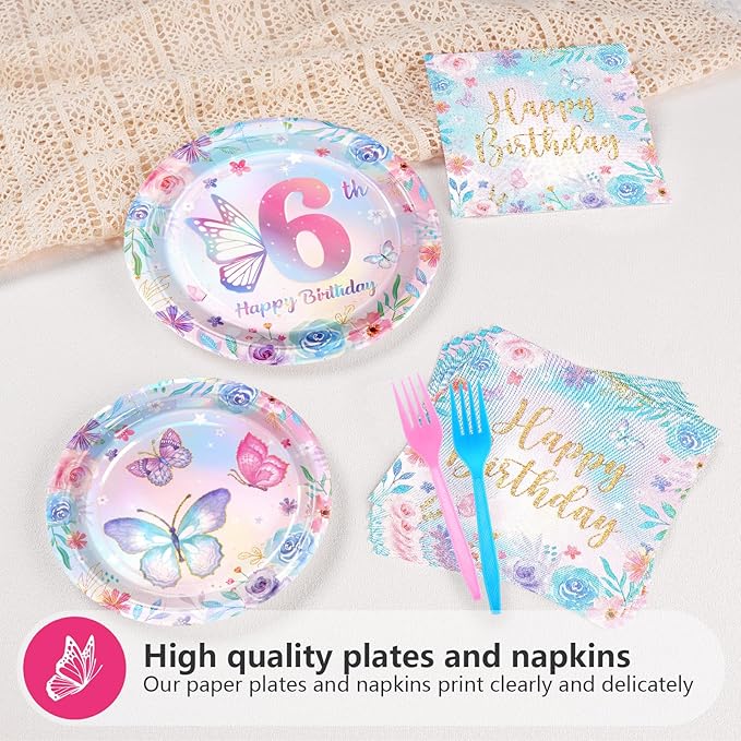 Grencian 96Pcs Butterfly 6th Birthday Party Decorations Butterflies Theme Disposable Sets for Girl Colorful Butterfly Plates, Napkins and Forks, 6 Years Old Birthday Party Supplies Serves 24