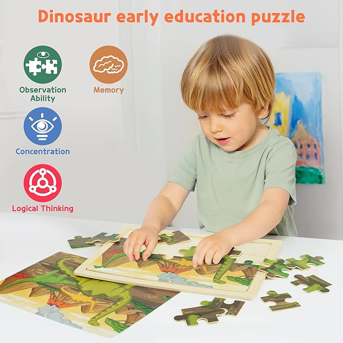 SYNARRY Large Dinosaur Wooden Puzzles for Kids 4 in 1 Gift Box(12.2 * 9.4 in), Jigsaw Puzzles for Kids Ages 4-6, Wood Puzzles for Kids Ages 3-5, Dinosaur Toys Easter Basket Stuffers Gifts for Kids