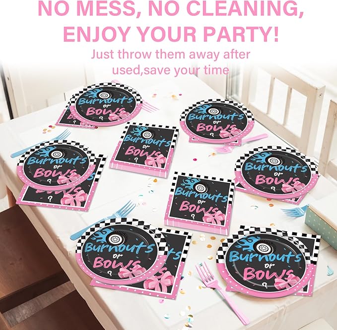Qyeahkj Burnouts or Bows Gender Reveal Party Supplies Serves 24 Baby Boy or Girl Party Paper Plates Napkins Gender Reveal Tablecloth Set Tableware Kit for Baby Shower