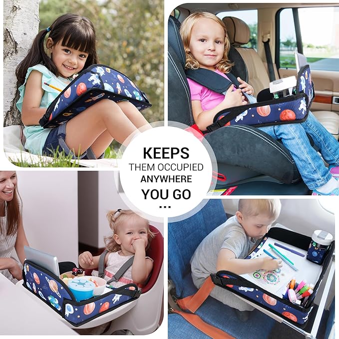 COOLBEBE Kids Travel Tray for Toddler Car Seat, Travel Tray for Airplane, Lap Tray with Storage, Portable Carseat Table Tray for Kids, Blue Space