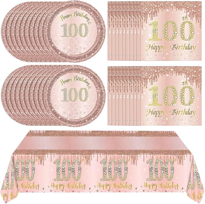 41Pcs 100th Birthday Decorations, Rose Gold Birthday Party Supplies Include 20Pcs Plates 20Pcs Napkins and 1Piece Tablecloth, Sweet One Hundred Year Old Birth Party Tableware for Girl Ladies Women