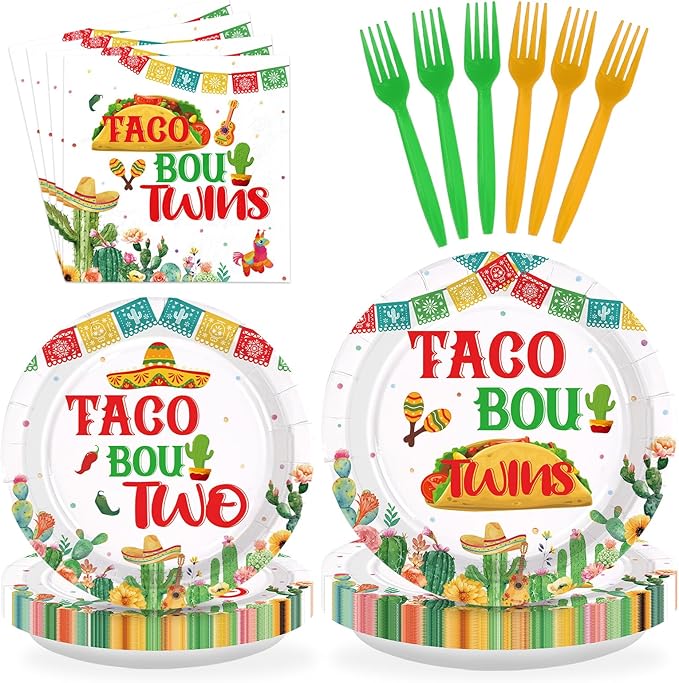 96Pcs Mexican Baby Shower Decorations Taco Bout Twins Plates and Napkins Mexico Fiesta Gender Reveal Decoration Favors for Kids Mexican Baby Shower Taco Theme Birthday Party Supplies Serves 24