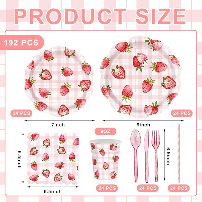 192pcs Strawberry Birthday Party Decorations Plates Napkins Disposable Paper Cups Straws Strawberry Tableware Set Party Supplies for Girls Kids Birthday Decor Serve 24 Guests