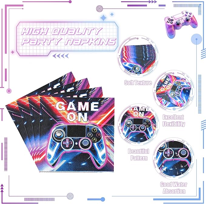 CANREVEL 96 PCS Video Gamer Birthday Party Plates Serve 24, Video Gaming Plates and Napkins Forks Set, Disposable Tableware for Video Gamer Party Supplies Decorations, Video Game Plates for Boys Men
